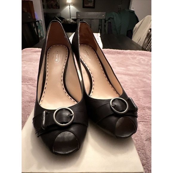 Coach ‘Tatiana’ Burnished Leather Peep-Toe Pumps, Black (Q1041) - Picture 2 of 6